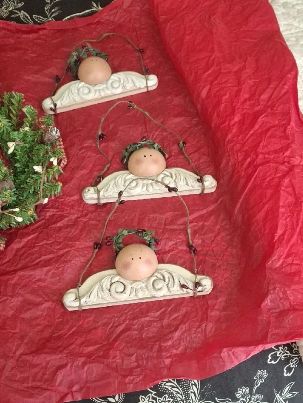 Rustic Green Holiday Wreath with Cream Angel Accent